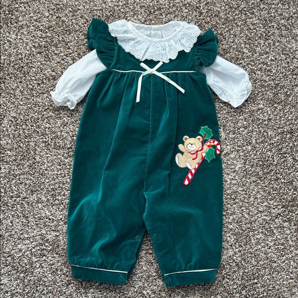 Vintage 80s Green and White Kids Christmas Candy Cane Bear Romper Blouse - Picture 2 of 16